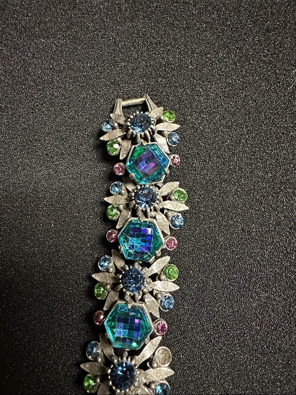 Vintage Signed FLORENZA Blue Aurora Borealis Rhinestone Link Bracelet (As-Is) - Picture 8 of 16
